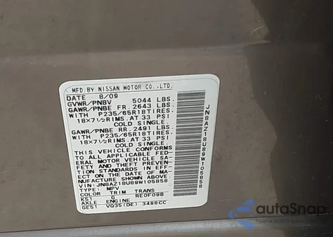 2009 Nissan Murano S z USA, uszkodzony, nr VIN JN8AZ18U89W105858